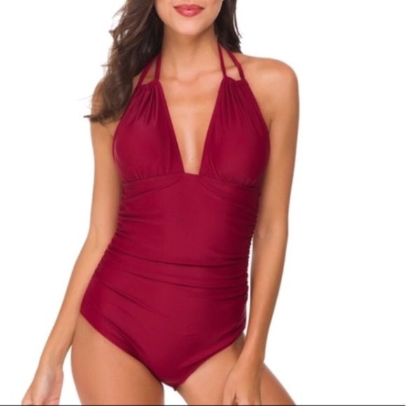 Cupshe Red Halter One Piece Swimsuit Tummy Control - Picture 2 of 7